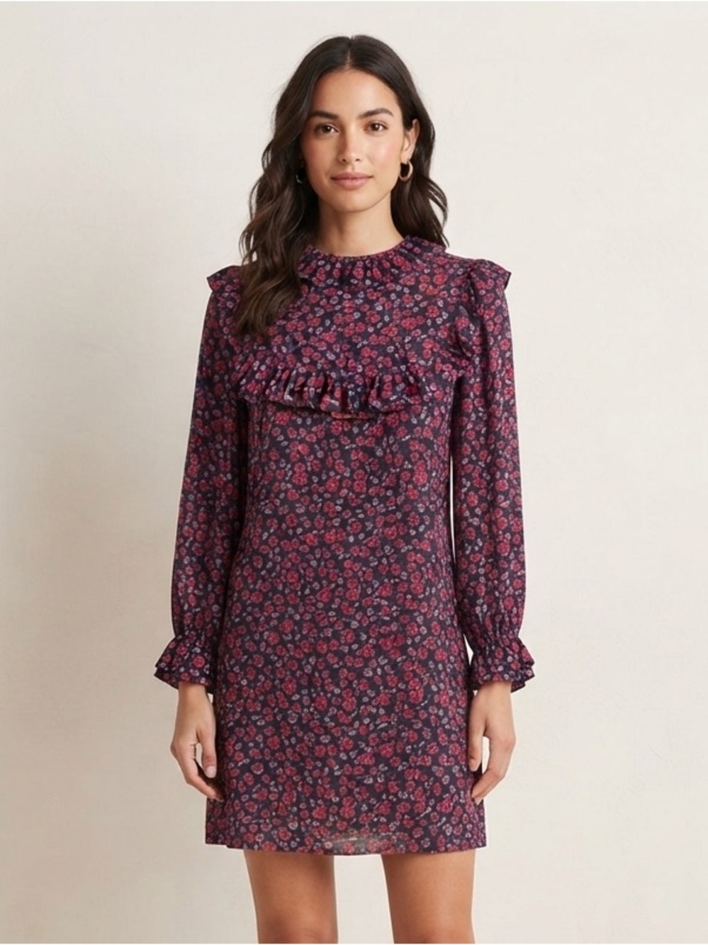 Sandro Sz 4 100% Silk Floral Purple Cottagecore Ruffle Short Dress
